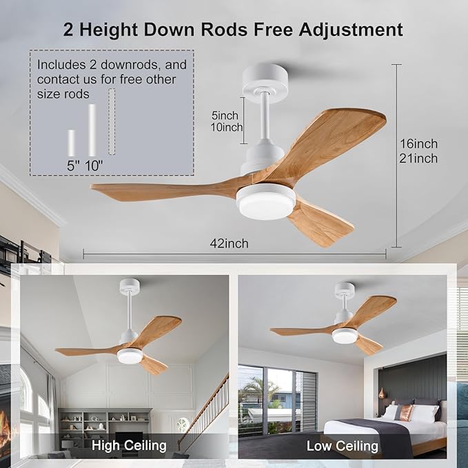 42 Inch White Ceiling Fans with Lights and Remote,Dimmable LED Light,Quite Reversible DC Motor,Memory Function,Modern Solid Wood Indoor Outdoor Ceiling Fan with Light for Farmhouse Bedroom Patio