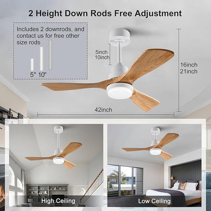 42 Inch White Ceiling Fans with Lights and Remote,Dimmable LED Light,Quite Reversible DC Motor,Memory Function,Modern Solid Wood Indoor Outdoor Ceiling Fan with Light for Farmhouse Bedroom Patio