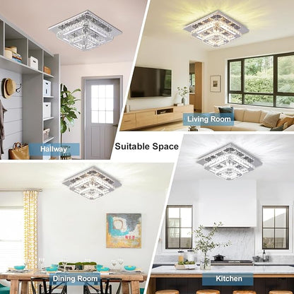 FRIXCHUR 12" Crystal Ceiling Light Crystal Chandelier LED Square Flush Mount Ceiling Light 2-Layer K9 Crystal Ceiling Fixture for Bedroom Living Room Dining Room Hallway Staircase Kitchen Closet