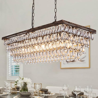 Wellmet Dining Room Crystal Chandelier 40 Inch Antique Bronze Rectangle Chandeliers 7 Lights Farmhouse Hanging Ceiling Large Light Fixtures for Kitchen Island, Living Room, Entryway