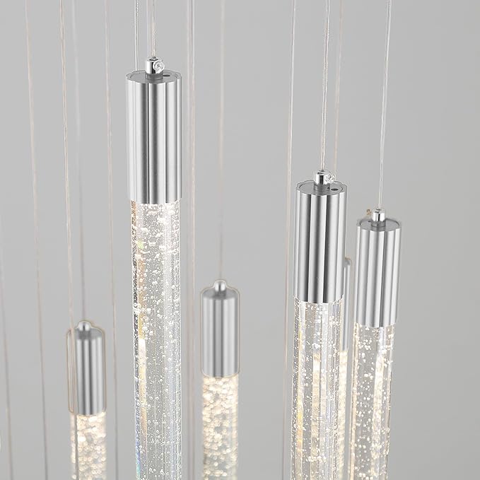 Luxury 6-Light Silver Bubble Crystal Column Chandelier, Dimmable LED Adjustable Height Pendant Light for Kitchen Island, Living Room, Foyer, Staircase