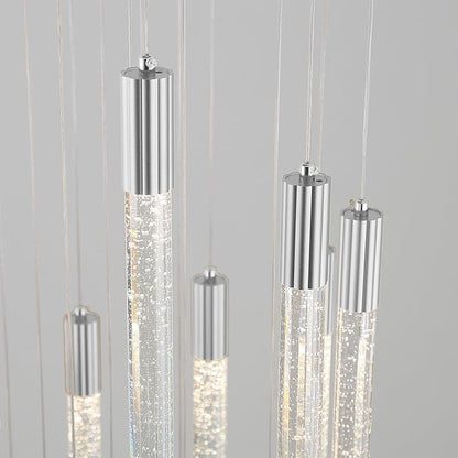 Luxury 6-Light Silver Bubble Crystal Column Chandelier, Dimmable LED Adjustable Height Pendant Light for Kitchen Island, Living Room, Foyer, Staircase