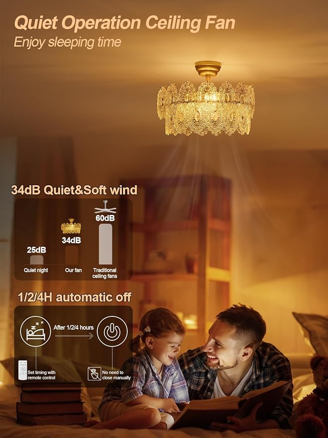 20" Gold Fandelier Ceiling Fans with Lights, Crystal Chandelier Ceiling Fans with Lights Remote Control, Mid Century French Caged Fandelier with 6 Speeds for Bedroom, Living Room