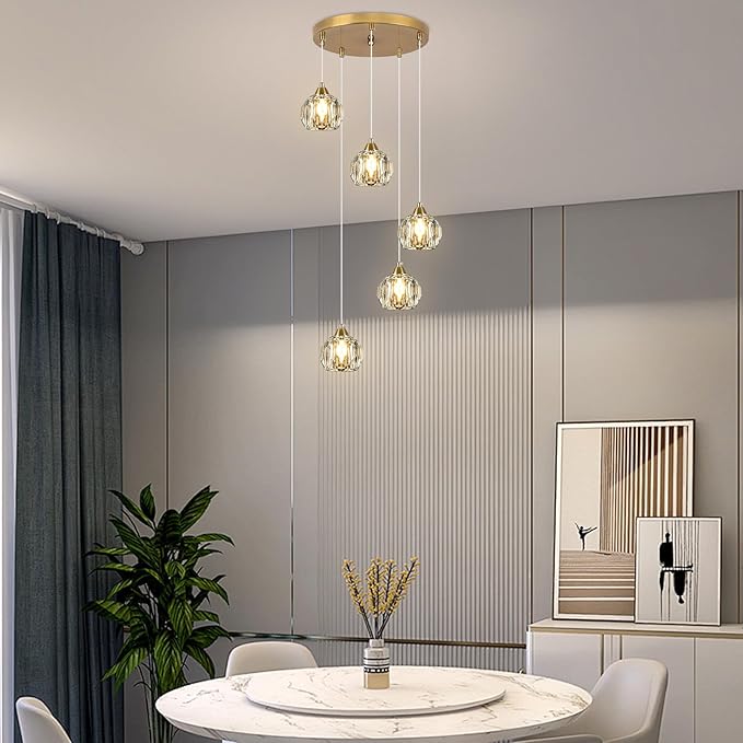 Weesalife Crystal Chandeliers for Dining Room Lights Fixture Over Table, 5-Light Gold Modern Pendant Light Fixture，Crystal Chandeliers for Living Room Kitchen Island Staircases Foyer Hallway Bar
