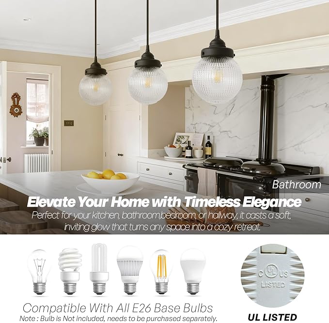 Vintage Ceiling Pendant Light with Clear Ribbed Glass Lampshade, Farmhouse Kitchen Island Hanging Light Fixture for Dining Room Hallway Entryway