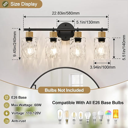 MOKATNG Bathroom Light Fixtures, 4-Light Coastal Vanity Lights with Crystal Glass Shade, Black Bathroom Wall Lamp for Mirror Kitchen Hallway Cabinet