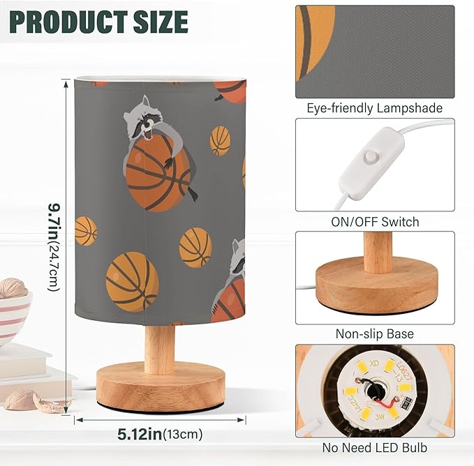 Table Lamp Raccoon Basketball Pattern On Grey Nightstand Lamp with Wood Base Fabric Lamp Shade Bedside Desk Lamp for Living Room Bedroom Kids Room Office