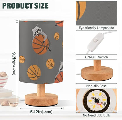 Table Lamp Raccoon Basketball Pattern On Grey Nightstand Lamp with Wood Base Fabric Lamp Shade Bedside Desk Lamp for Living Room Bedroom Kids Room Office
