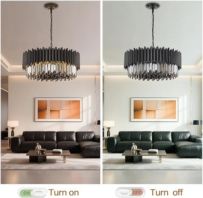 Black Crystal Chandelier 23.62'' K9 Smoke Crystal Round Pendant Lights 8 Lights 5-Tier Large Modern Chandelier for Dining Room Living Room Bedroom Foyer Entryway