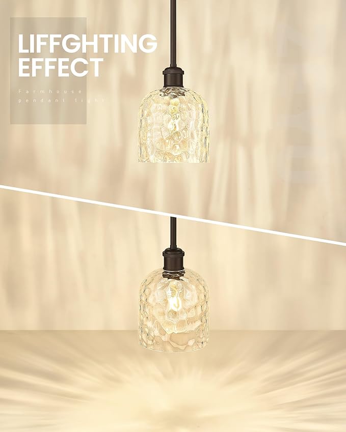 zeyu Large Kitchen Pendant Lightings, Hanging Ceiling Lights Fixtures Kitchen 2 Pack, Adjustable Hanging Lights with Clear Hammered Glass, Oil Rubbed Bronze Finish, ZJF63MIL-L-2PK ORB