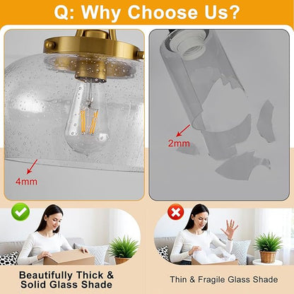 Modern Pendant Lights Kitchen Island, Brushed Gold Pendant Light Fixtures with 10" Clear Air Bubble Glass Shade, Industrial Hanging Pendant Lights Fixture for Kitchen Island Dining Room Entryway
