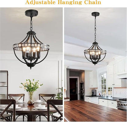 Farmhouse Crystal Ceiling Hanging Chandelier,16inch Black Rustic Vintage Pendant Light Fixture for Living Room Bedroom Dining Room Dining Foyer Kitchen Entry （5-Light）