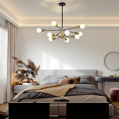 SINERISE Modern Sputnik Chandelier Light Fixture, 10-Light Chandelier Ceiling Light Fixture Black and Gold Mid Century Chandelier Height Adjustable for Kitchen, Living Room, Bedroom, Hallway and Foyer