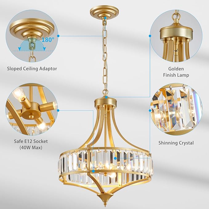 XINGQI 15.7" Modern Dining Room Chandelier Rustic Gold Crystal Lighting Fixture Pendant 4-Light with Round Metal Lampshade for Living Room Kitchen Hallway Bedroom Foyer
