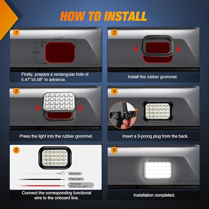 Nilight 5” X 3” Inch Rectangular Trailer Tail Light 2 PCS White 24 LED Back Up Reverse Lights w/Flush Mount Grommets Plugs IP67 Waterproof for 12V Truck ATV UTV Bus RV Camper