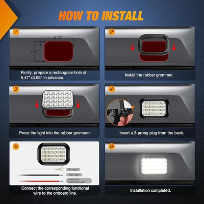 Nilight 5” X 3” Inch Rectangular Trailer Tail Light 2 PCS White 24 LED Back Up Reverse Lights w/Flush Mount Grommets Plugs IP67 Waterproof for 12V Truck ATV UTV Bus RV Camper