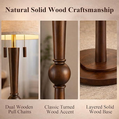 MOFFE 62.8" Solid Wood Floor Lamp,Tall Standing Floor Lamp with 2-Light Pull Chain, 17" Linen Drum Shade, Sculptural Wood Base & Stem,Transitional Floor Lamp for Living Room Bedroom, Includes 2 Bulbs