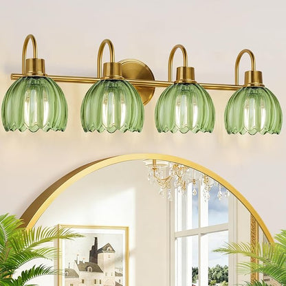 4-Light Bathroom Light Fixtures, 27" Brushed Gold Vanity Lights for Bathroom with Ribbed Green Tulip Glass Shade, Vintage Bathroom Vanity Lighting Fixtures Over Mirror for Bedroom Living Room Hallway