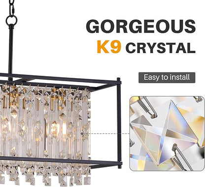 Crystal Chandeliers for Dining Room, Modern Black Chandelier for Living Room, Adjustable Height, 6-Light Pendant Light Fixture, 42 in Large Rectangle Lighting for Kitchen Island Living Room
