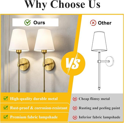 Bsmathom Wall Sconces Sets of 2, Hardwired Classic Brushed Brass Sconces Wall Lighting, Bathroom Vanity Light Fixture with Fabric Shade for Bedroom Living Room Hallway Kitchen, Bright Gold