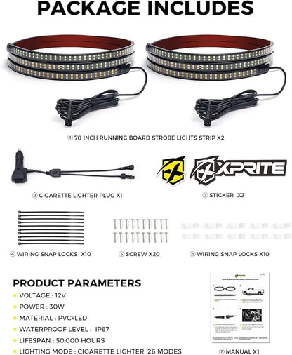 Xprite 2PCS 70 Inch Running Board Lights, 864 LED Emergency Strobe Light Strip, Truck LED Light Strip, Flexible Waterproof Running Board Emergency Lights for Trucks Pickup SUV Jeep – Amber & Green