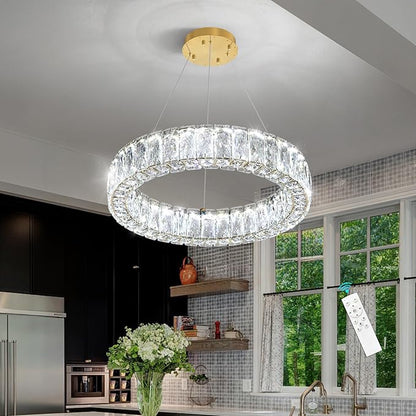 HAIXIANG Modern Crystal Chandelier Dimmable LED 16 Inch Ring Pendant Lights Adjustable Glam Chandeliers Lighting Fixtures for Dining Room Living Room Bedroom Gold Light