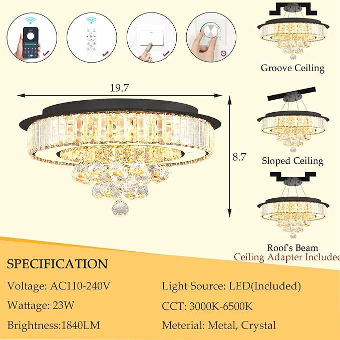 19.6" Black Modern Crystal Chandeliers for Dining Room LED Dimmable Light Fixtures Flush Mount Light Living Room Bedrooms