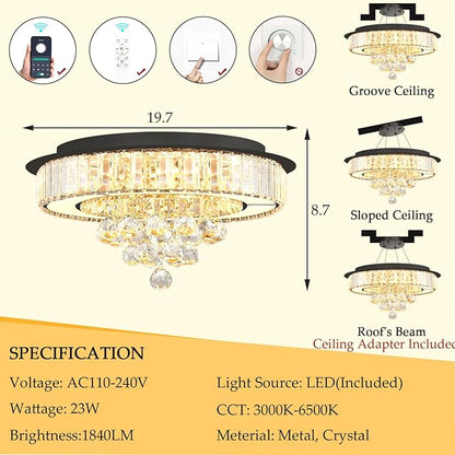19.6" Black Modern Crystal Chandeliers for Dining Room LED Dimmable Light Fixtures Flush Mount Light Living Room Bedrooms