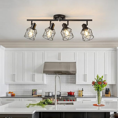4-Lights Kitchen Track Lighting, Adjustable Multi-Directional Ceiling Light Fixtures, Rotatable Farmhouse Light Fixtures Mount with Metal Cage for Dining Room, Living Room, Bedroom, E26 Base