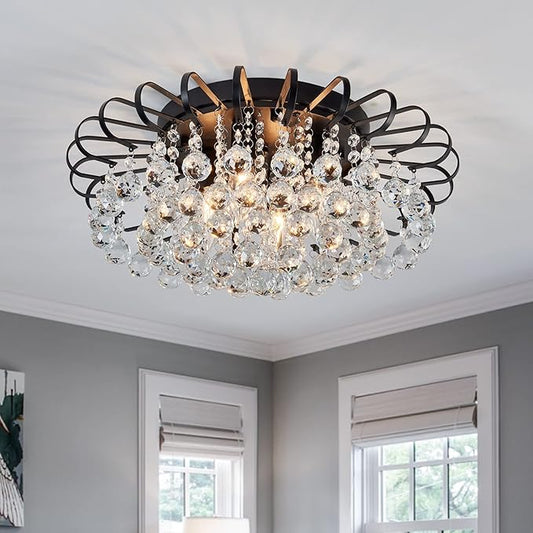CVKASH Crystal Floral Chandelier 4-Light Antique Modern Black Flush Mount Raindrop Crystal Ceiling Lighting Fixture Chandelier for Living Room Bedroom Dining Room Entryway D17.71 H8.26