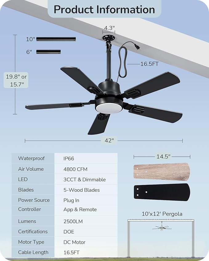 EDISHINE 42" Outdoor Ceiling Fan with Light, IP66 Waterproof Gazebo Hanging Fan, 4800 CFM, 3CCT, APP/Remote Control, 5 Wood Blade, 6-Speed Winds, Plug in Ceiling Fans for Patios Porch Pergola, Black