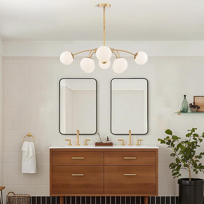 Longree 8-Light Gold and White Sputnik Chandeliers with Milk Glass Bubble Pendant Light Fixture, Blossom Accent Mid Century Sunburst Chandelier Frosted Glass Lighting for Dining Entry Living