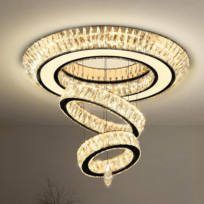 32 in Black LED Ring Chandelier, Crystal Ceiling Light for Living Room Flush Mount Chandelier Lighting Remote Dimmable, Compatible with Sloped Ceiling