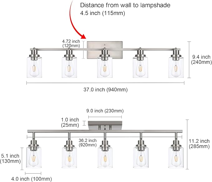 MELUCEE 5 Light Bathroom Light Fixtures Multi-Directional Rotating Track Lighting Kit Brushed Nickel, 37 Inch Ceiling Spotlight Fixture for Kitchen Foyer Bath, Clear Glass Shade