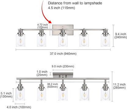 MELUCEE 5 Light Bathroom Light Fixtures Multi-Directional Rotating Track Lighting Kit Brushed Nickel, 37 Inch Ceiling Spotlight Fixture for Kitchen Foyer Bath, Clear Glass Shade