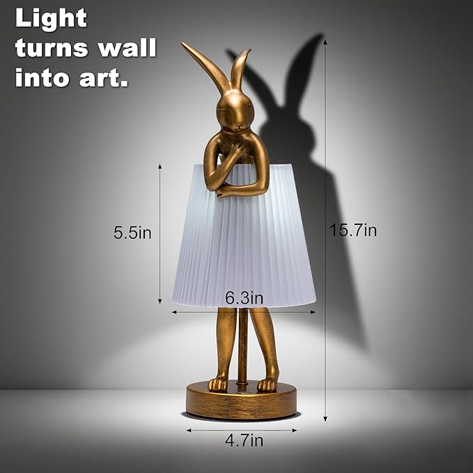 Easter Bunny Lamp, Rabbit Table Lamp for Bedroom, 15.7" Vintage LED Desk Light with Linen Lampshade, Cute Animal Night Light Gift for Kids Girls, Easter Basket Stuffers for Toddler (Light Gray)