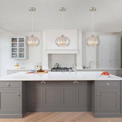 XSDeTu Brushed Nickel Pendant Light Fixtures, Modern Crystal Hanging Ceiling Light, Farmhouse Small Chandeliers, Metal Cage Pendant Lighting, Adjustable Pendant Lights Kitchen Island, Hallway