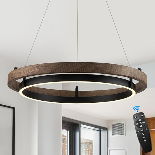 LED Ring Chandelier Modern Round LED Pendant Light 24in Walnut Wood & Black Chandelier Dimmable Ceiling Pendant Light Fixtrure for Dining Room Entry Kitchen Island Bedroom Living Room