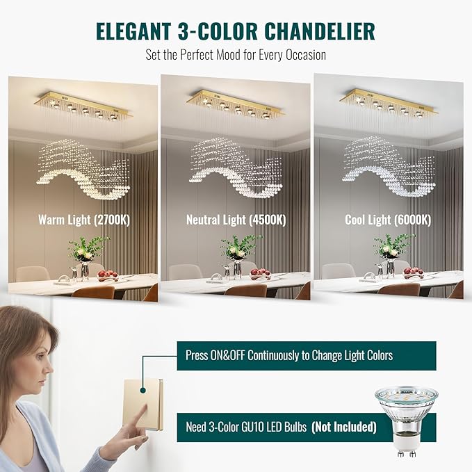 Siljoy Modern Crystal Chandelier 10-Light Rectangular Gold Wave Raindrop Pendant Flush Mount Ceiling Light for Dining Room Living Room Kitchen Island Bar L40'' x W11.8'' x H35.4''