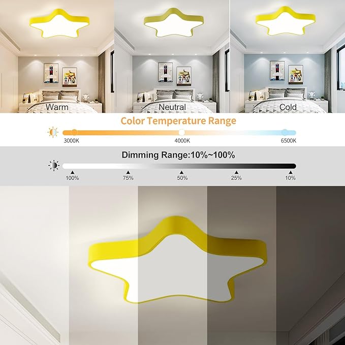 LED Ceiling Light Fixture, Modern Pentagram Recessed Ceiling Lights, 3000K-6000K Dimmable Light, Close to Lighting Flush Mount Living Room Pendant Lamps (Yellow, 20inch)