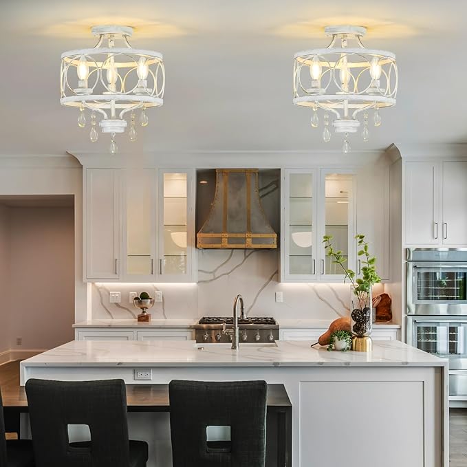 3-Light Modern White Crystal Chandelier, Farmhouse Ceiling Light Fixture, Hanging Metal Pendant Lights Kitchen Island Dining Room Entryway Foyer