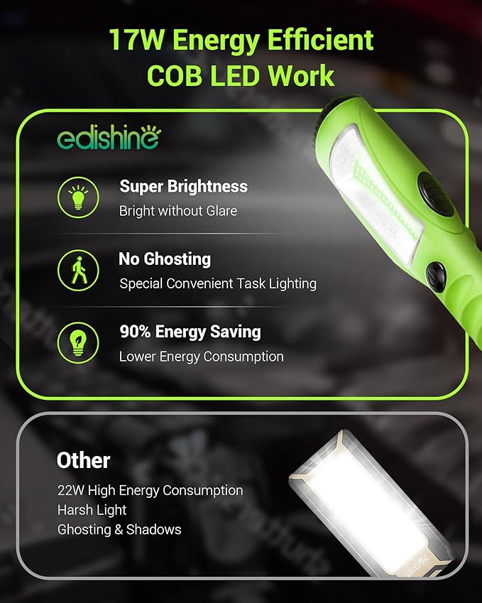 EDISHINE LED Work Light (25 feet), Underhood Work Light, 2000LM COB LED Light, Trouble Light with Cord 16 Gauge SJTW, Strong Magnet, Swivel Hook for Garage, Workshop, Car Repair Scene, ETL Listed