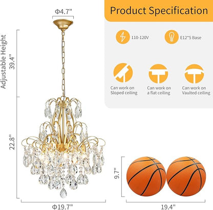 WUZUPS 5-Light Crystal Candle Chandelier Pendant Ceiling Modern Lighting Fixture for Bedroom Hallway Bar Kitchen Bathroom, H 22.8" W19.7, E12 Base, Gold