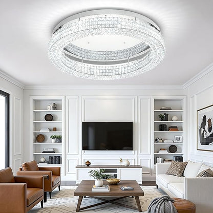 ykolupty 40'' Crystal Chandelier Light Fixture Large Chandelier for Living Room Crystal Flat Mounted Ceiling Lights Dining Room Bedroom Dimmable 2700-6000K
