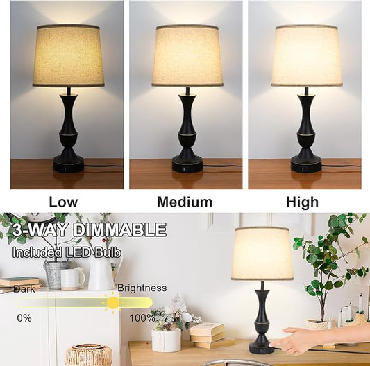 LALISU Touch Lamps for Bedrooms Set of 2, Farmhouse Table Lamp with USB C Charging Port, 3 Way Dimmable Nightstand Lamps with Linen Fabric Lampshade for Bedroom, Living Room (Pack2-Black)