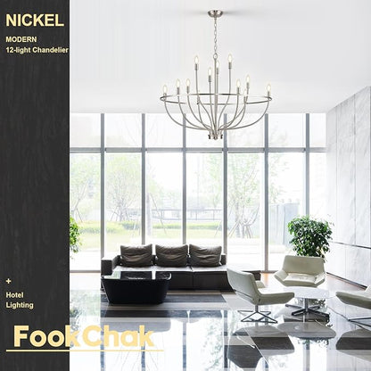 12 Light Brushed Nickel Chandelier, Large Chandeliers for High Ceilings, 36inch Metal Chrome Chandelier Light Fixture Metal Candle Chandelier with Long Chain for Dining Foyer Kitchen Bedroom