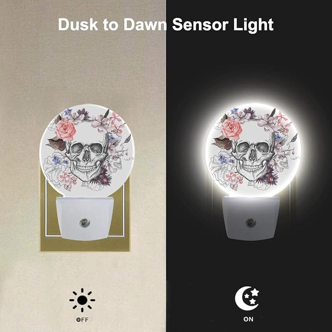 EKOBLA Floral Skull Plug-in Night Light, Goth Sugar Skull & Pink Rose LED Nightlight with Auto On/Off for Bedroom, Bathroom & Gothic Decor
