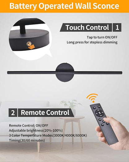 Wireless Wall Sconces Set of 2 ，28Inch Battery Operated wall Lights with Remote Control，360°Rotate Dimmable ledWall Lamps for Living Room, Bedroom and Hallway (Black)