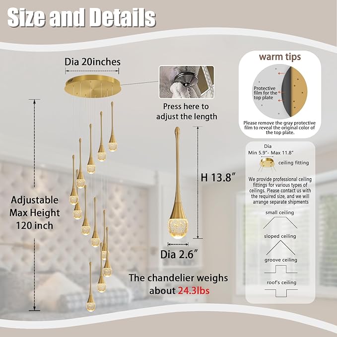 ykolupty 12-Lights Staircase Chandelier Gold Pendant Light Fixture for Sloped High Ceiling Raindrop Chandelier for Living Room Foyer Hallway Villa