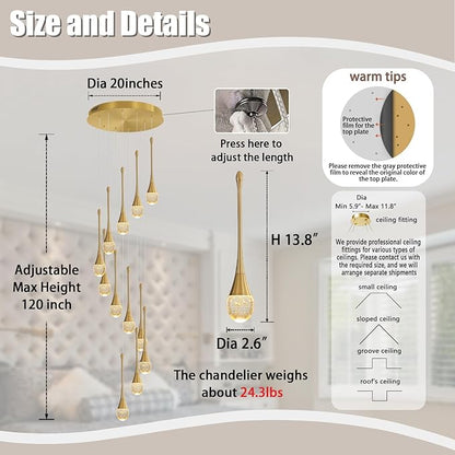 ykolupty 12-Lights Staircase Chandelier Gold Pendant Light Fixture for Sloped High Ceiling Raindrop Chandelier for Living Room Foyer Hallway Villa